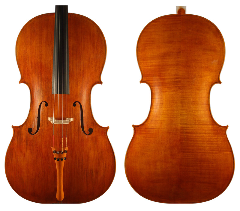 VC600E Davidoff model cello, front and back, in a red-brown varnish.