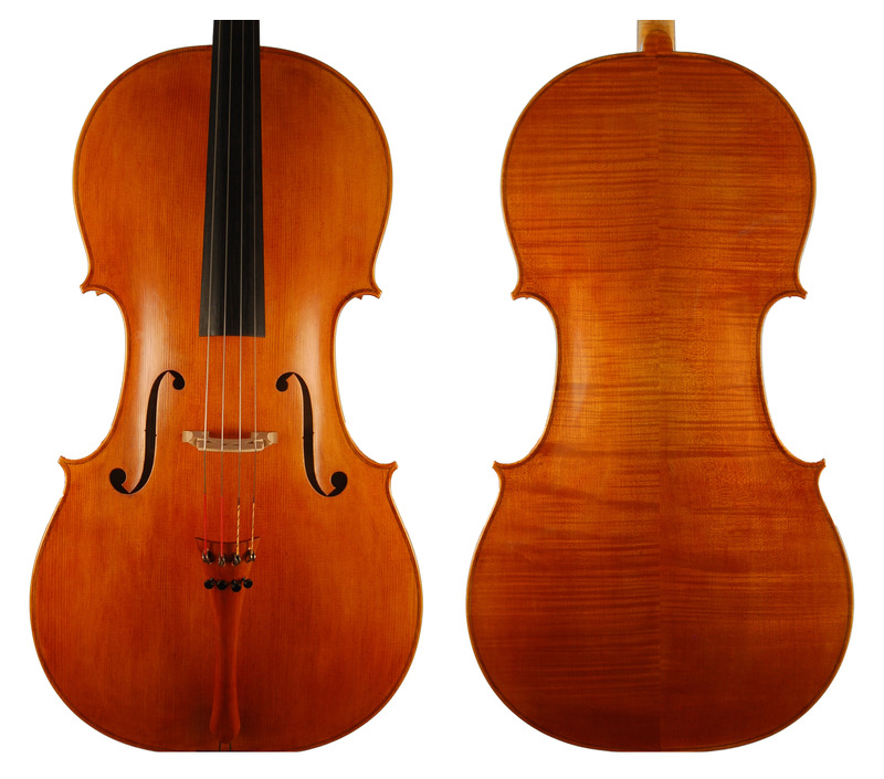 VC600E De Munck model cello, front and back, in a golden-orange varnish.