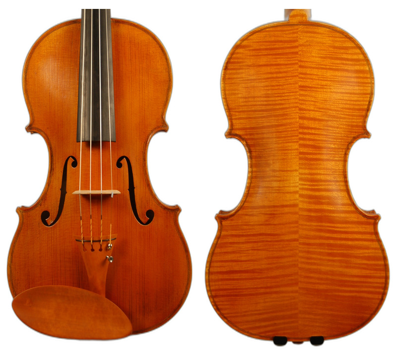 VL600E violin, front and back, in a golden-orange varnish.