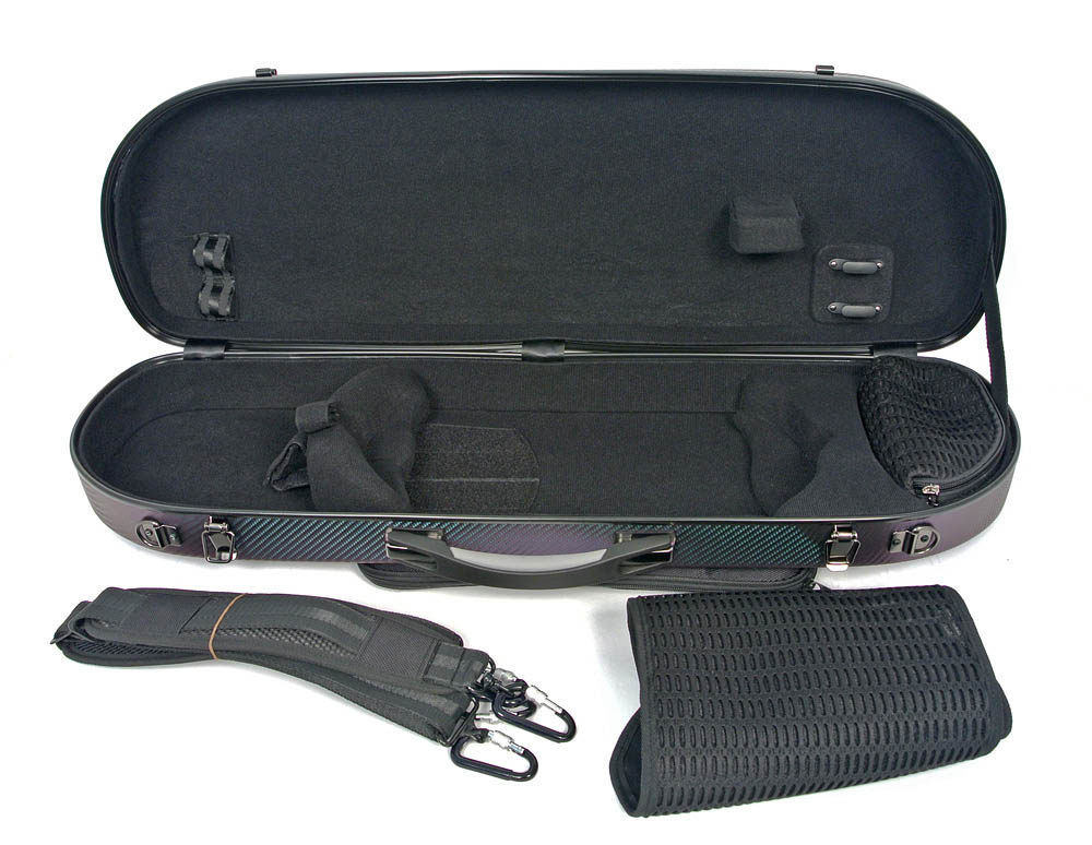 An open violin case with its straps and cover.