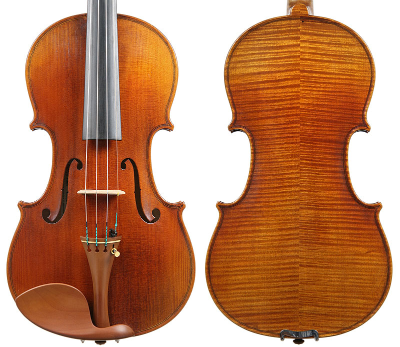 Two views of a KG violin, front and back.